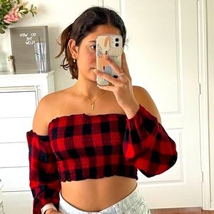 Red and black crop top.